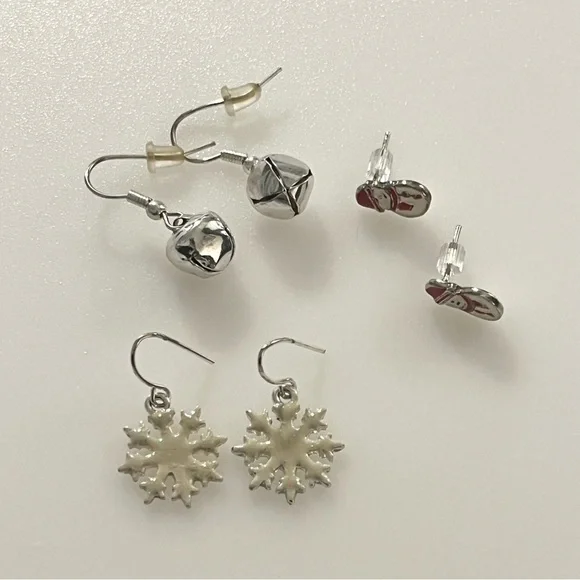 Three Sets of Christmas Earrings Snowmen, Snowflakes, & Jingle Bells Silver Tone - Picture 2 of 13